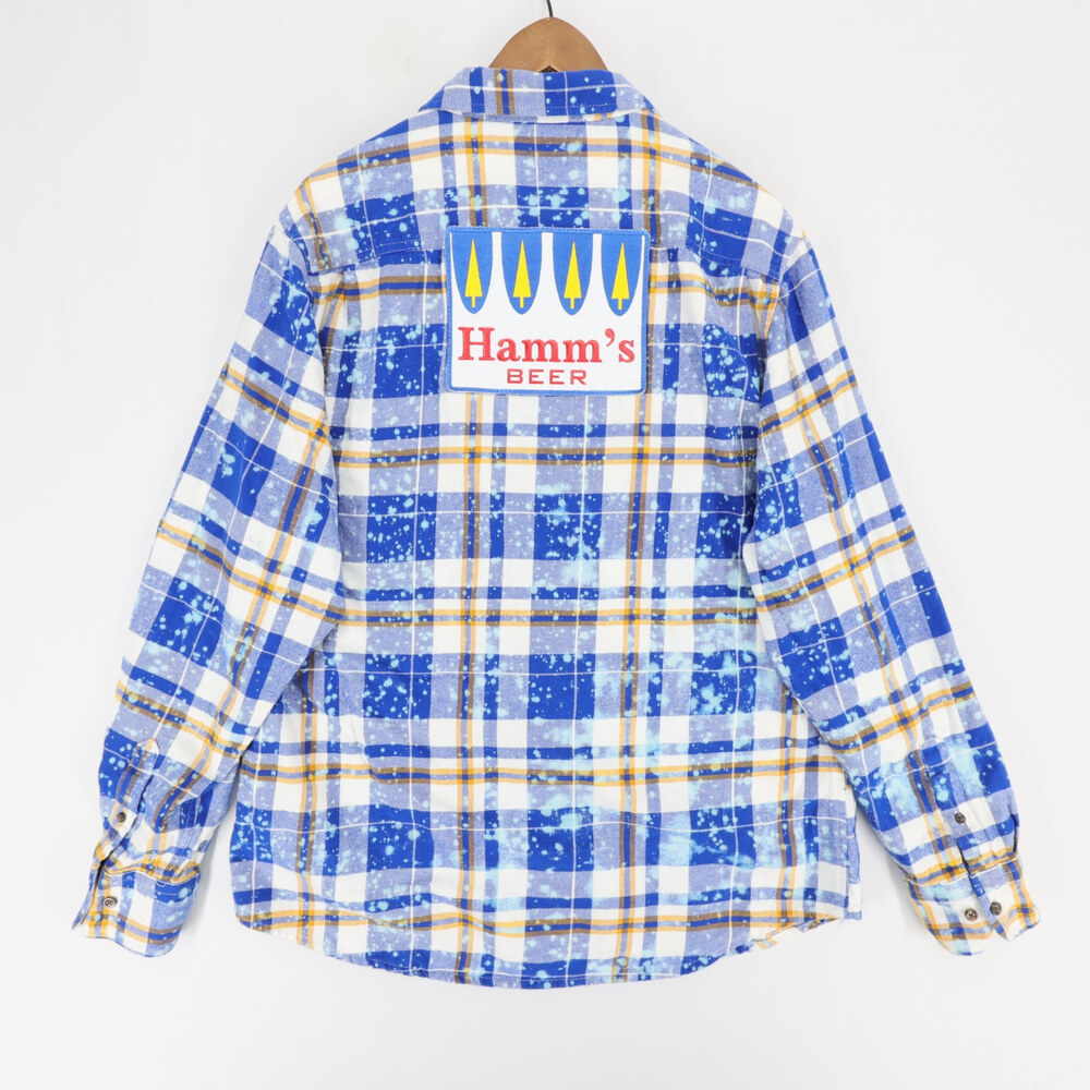 Hamms Angry Minnow Vintage Flannel Shirt Mens L Blue Plaid Beer Patch Bleached